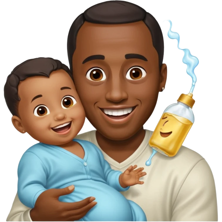 Sean “Diddy” Combs with baby oil and a very small infant and he’s pouring the baby oil on the infant that is laughing with a very exaggerated expression emoji