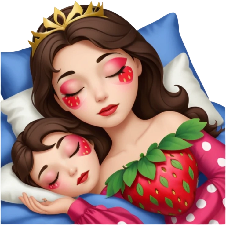 sleeping beauty brunette white girl with a silk pillow strawberry dress with her face painted strawberry emoji