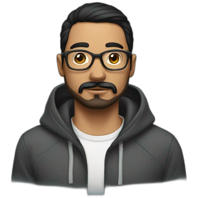 Man with dark straight hair moustache and beard, wearing a hoodie, glasses, arm tattoos emoji