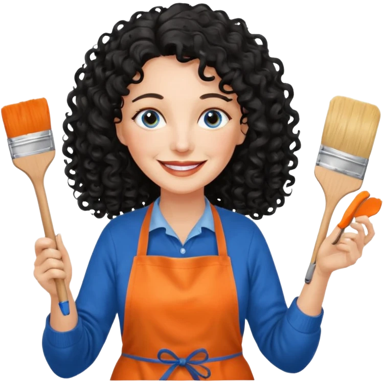 FEMME BLANCHE FRISÉ 60 ANS CHEVEUX NOIR FRISÉ ONDULÉ TRÈS  LONG , SOURIANTE AVEC CHANDAIL ORANGE ,   YEUX BLEU ET UN PINCEAU À LA MAIN LA MAIN AVEC 5 DOIGT SEULEMENT ET TABLIER emoji