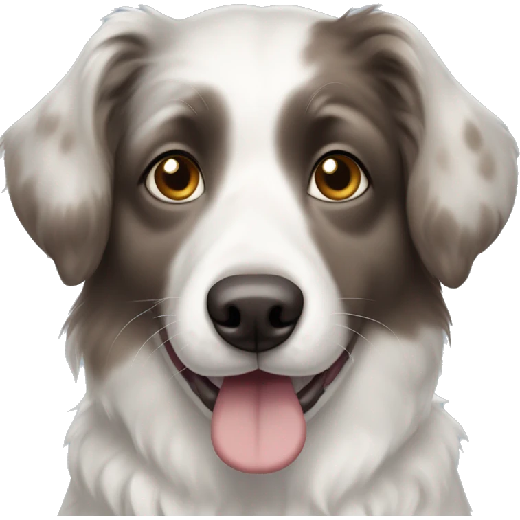 White aussiechon dog with heterochromia in both eyes, 75% blue and 25% brown. His fur is white throughout the body, his ears are a mix of mostly grey, brown and a bit of white. Make him smiling with his tongue out emoji