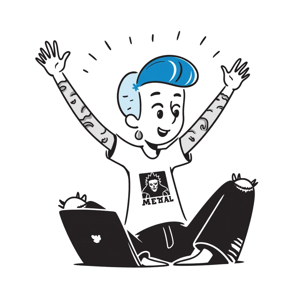 Rock musician girl with half-shaved head and blue hair, arm tattoos, multiple ear piercings, wearing ripped jeans and metal band shirt, sitting at desk with laptop and raising hand enthusiastically emoji