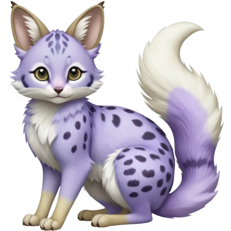 Hyper realistic  frost-lavender fur kissed with pale moon-silver dewshine beautiful elegant pretty precious cute  Fakémon-Pokémon-opossum-feline-serval-caracal-Ocelot-Minccino-hybrid-creature with a big fluffy bushy tail (full body) emoji
