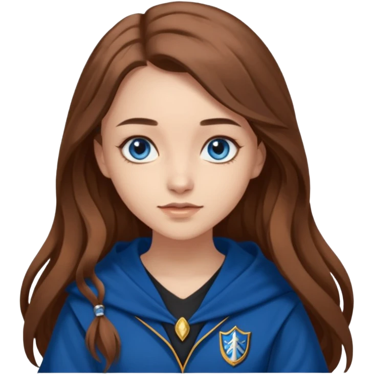 gorgeous Girl with light skin, blue eyes, long brown hair, wears a ravenclaw outfit emoji