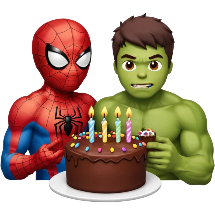 Hulk and Spider-Man eating a birthday cake emoji