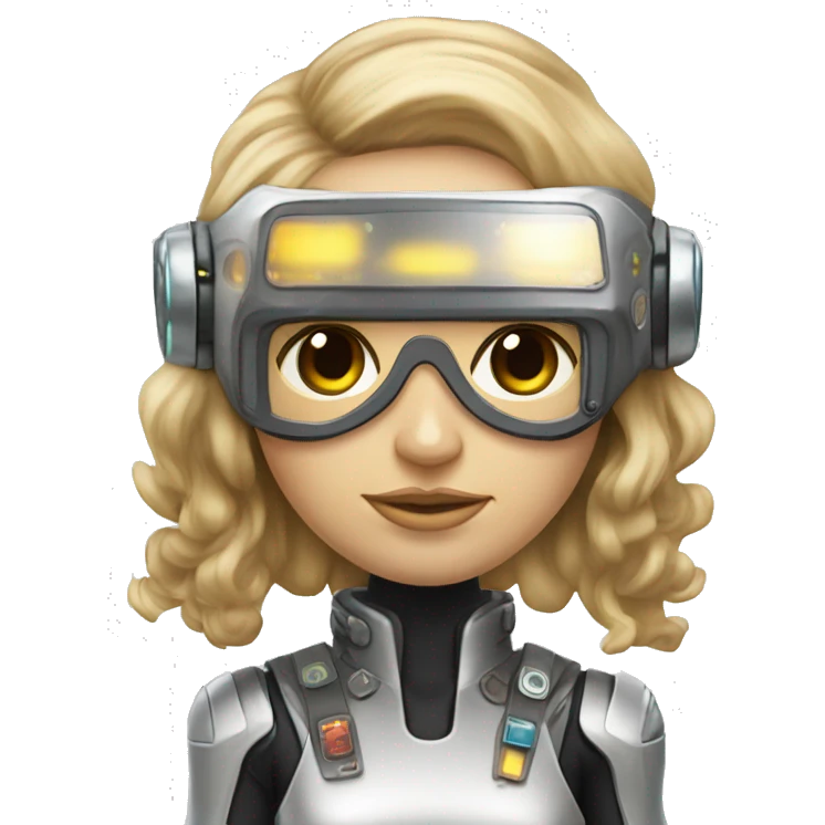 Brown long hair with blonde steaks female cyborg head, fair skin, space age goggles and circuits emoji