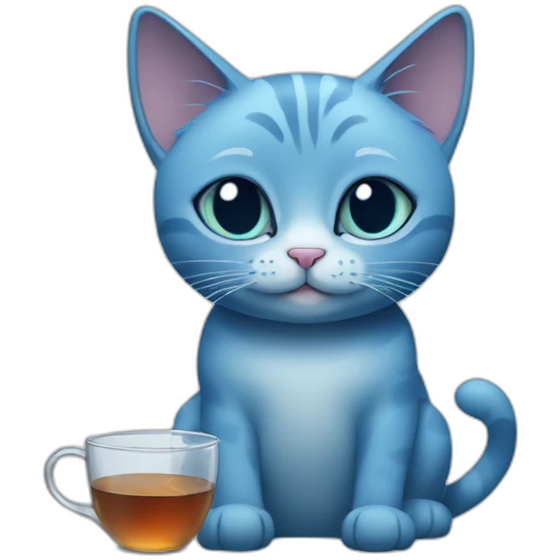 blueish cat sitting with tea, coke, and water emoji