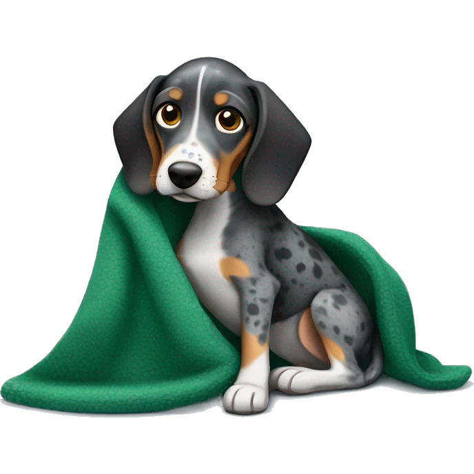 Miniature bluetick hound snuggling green blanket emoji