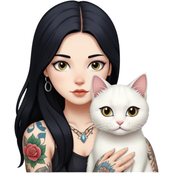 girl with long black hair and tattoos and a white cat emoji