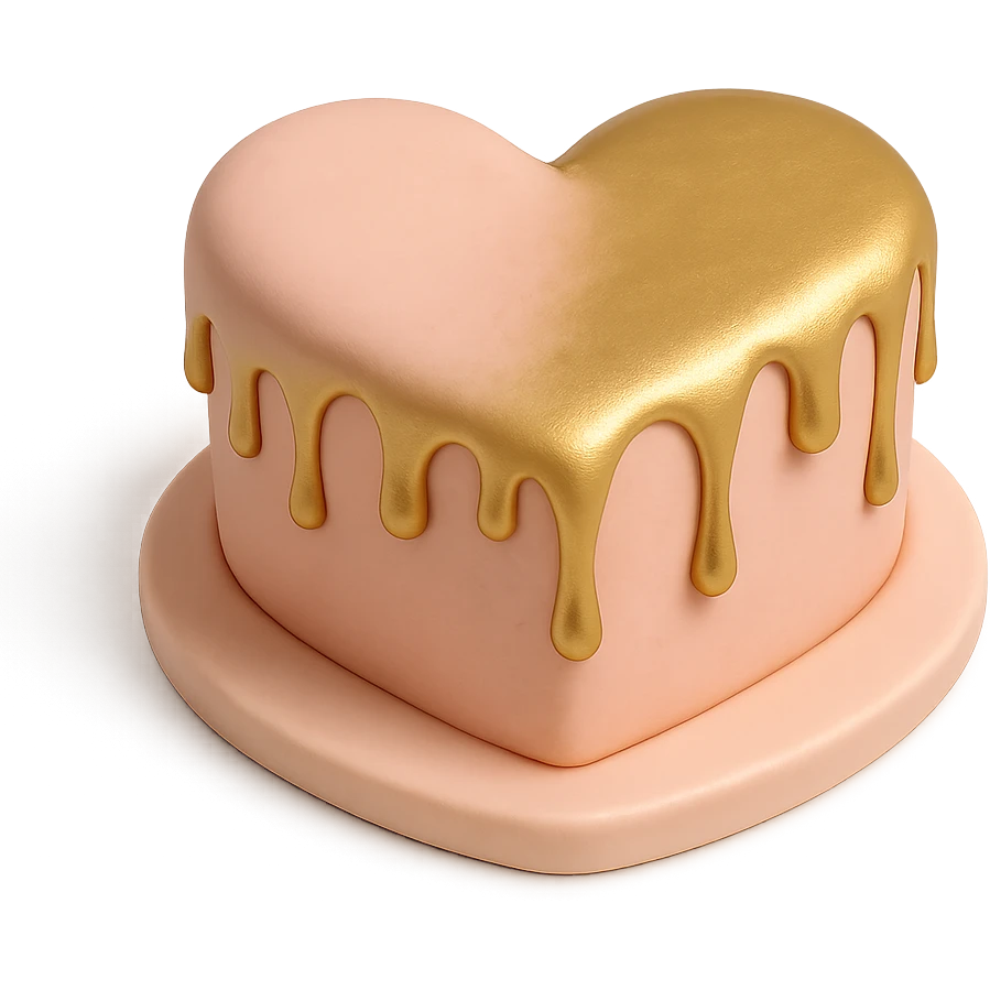 heart-shaped fondant cake with metallic gold drip emoji