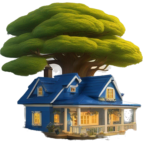  very very big Lego Cabin near a big tree.  Thick moss growing on the roofs. grass fields. porch lights turned off. bright white interior lights turned off. guests sitting in chairs on the porch, flowers and bushes are yellow and blue. emoji