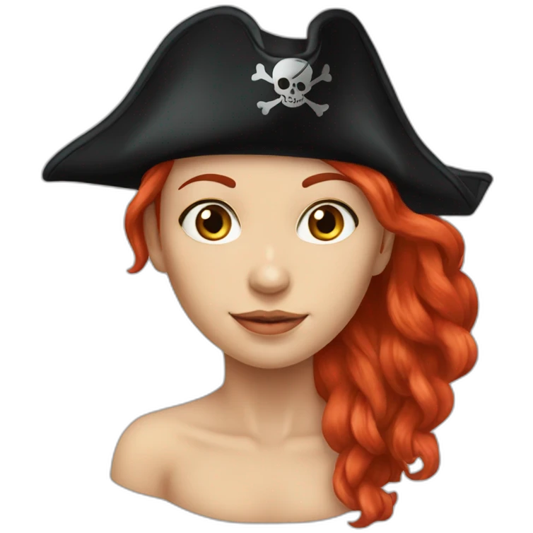Woman long red hair.pirate hat. One side of head has no hair. skull and crossbones t shirt emoji