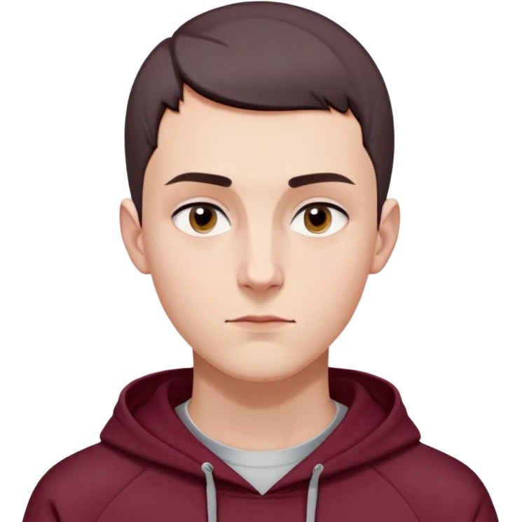 young white European male with short buzzcut dark hair, smooth clear skin, wearing a maroon hoodie with the hood up, oval-shaped face, defined jawline, high cheekbones, symmetrical features, sharp focused eyes, straight prominent eyebrows, calm neutral expression emoji