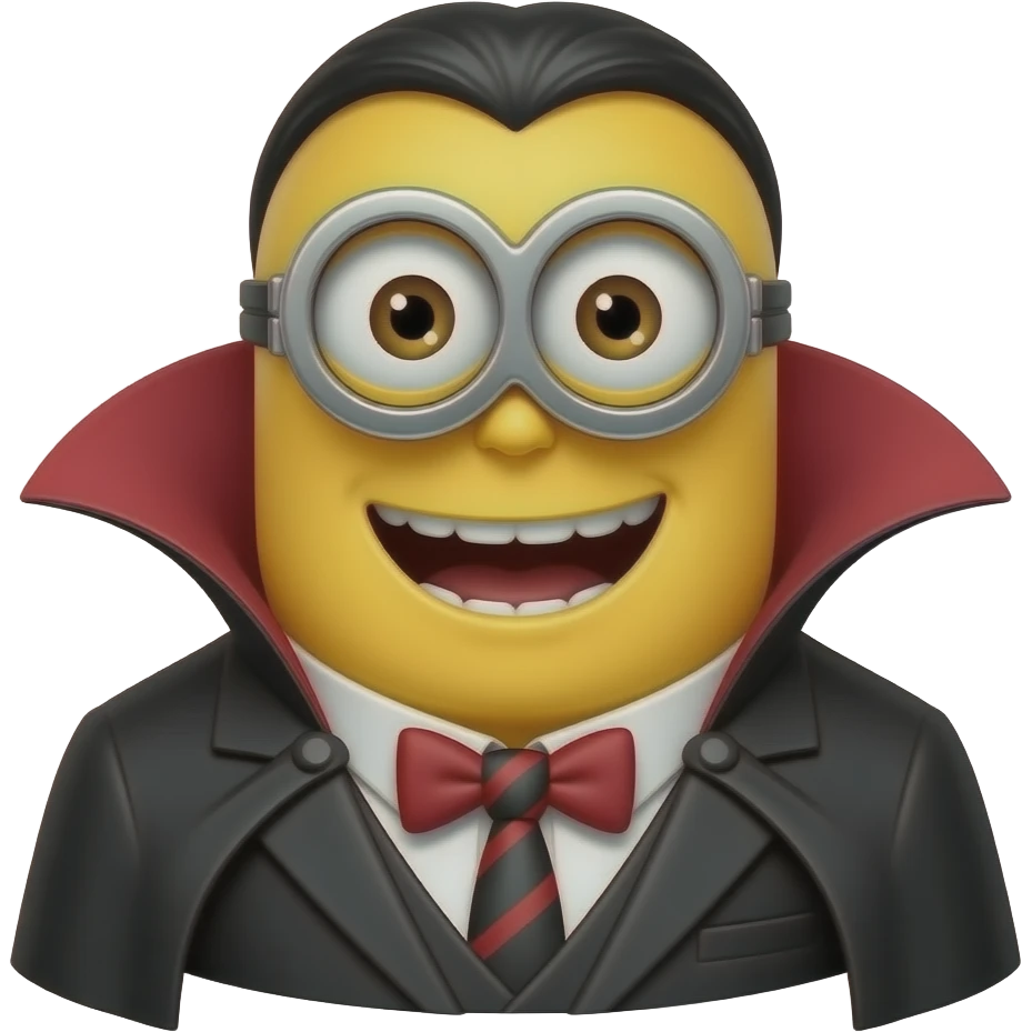 Felonious Gru from Despicable Me dressed as a friendly, heroic vampire emoji