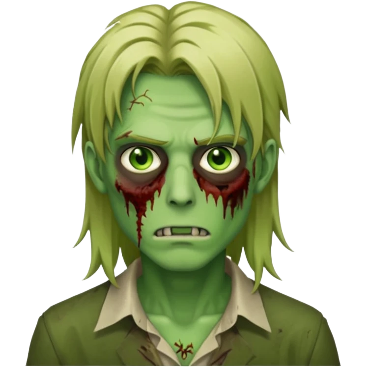 handsome male zombie with green skin, dirty blonde long anime-style hair, green eyes, iOS emoji style emoji