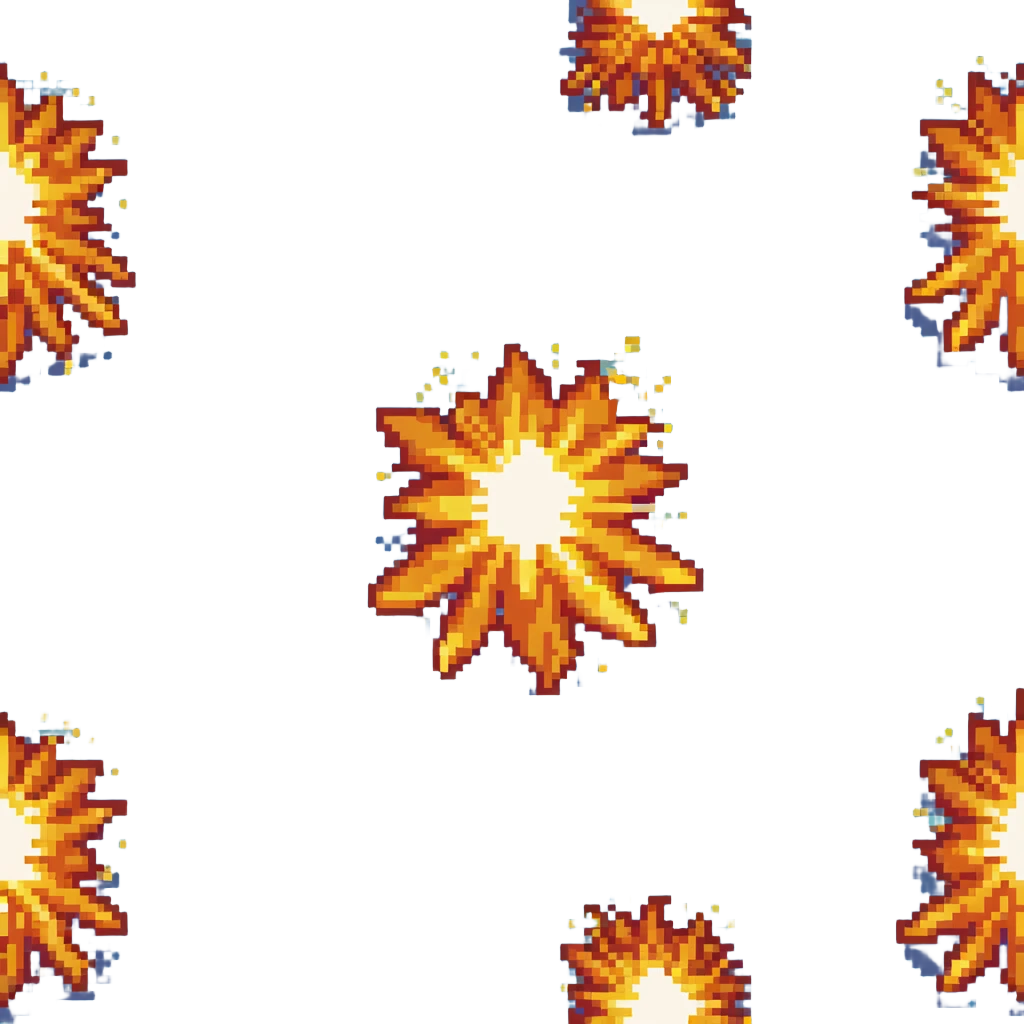 Bomberman explosion center tile animation frame 3, fading fiery explosion core, yellows and oranges, more transparency at edges, explosion starting to dissipate emoji