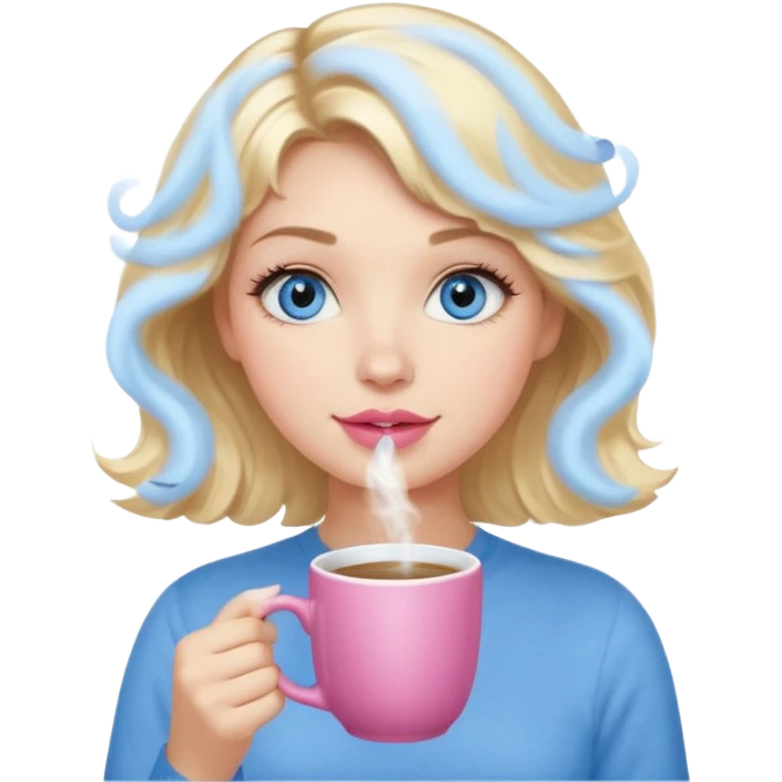 Girl Blonde short wavy hair,  blue eyes, cute blue top, long lashes, pink lips, holding hot white coffee mug emoji