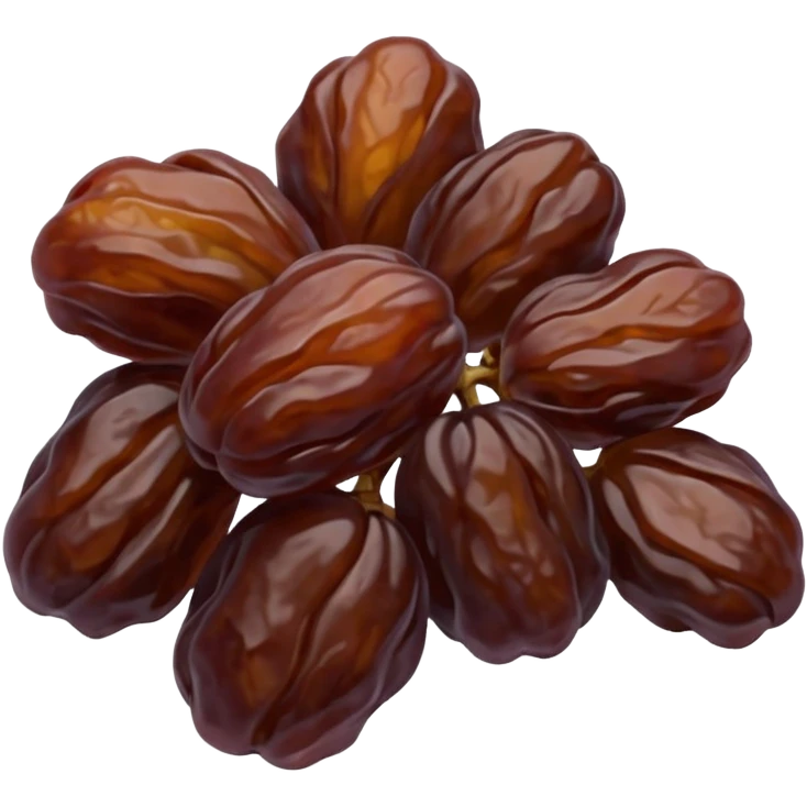 raisins, dried, small cluster or handful, deep brown to purplish, wrinkled, glossy, irregular shriveled, soft curves, subtle texture, no stems, no bowl, no garnish, soft lighting, transparent background, emoji scale emoji