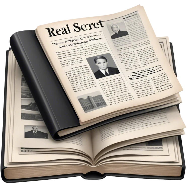 Icon for Non-Fiction & Narrative Reading: an open book with black-and-white photos on the pages, surrounded by a pile of newspaper clippings, and an open folder with top-secret documents. The icon should reflect the blend of real stories and facts in non-fiction literature. Transparent background. emoji