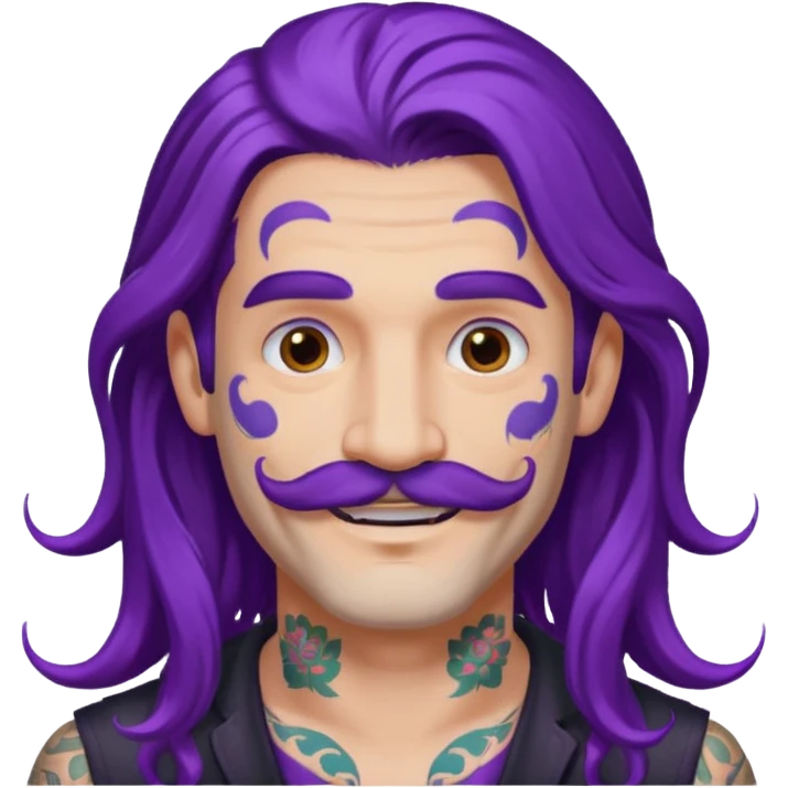  long purple haired man, mustached and face tattoes, handsome emoji