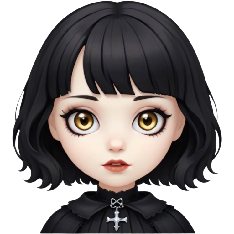 a pale white vampire doll girl with short black wavy hair and bangs with big light brown eyes wearing black gothic clothes emoji