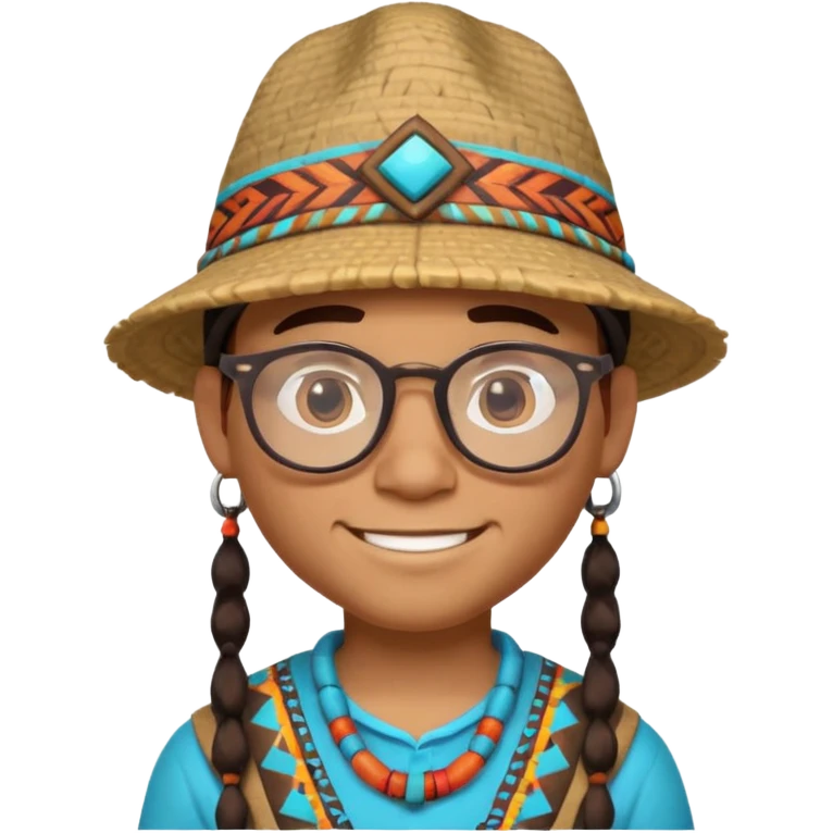 cute Indigenous tribal male character portrait, head and shoulders only, wearing glasses, stylish hat, friendly smile, colorful tribal patterns, 3D cartoon, mobile game icon style, clean background, no text, no watermark
 emoji