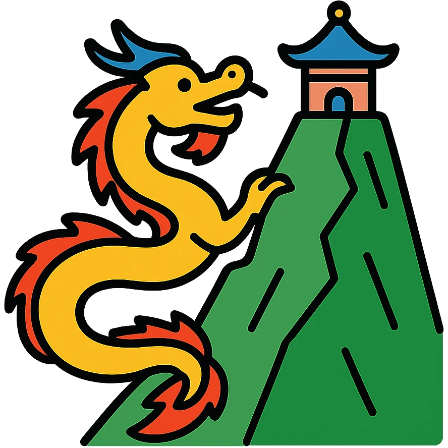 Traditional Chinese dragon ascending a steep mountain with a temple sanctuary on the peak emoji