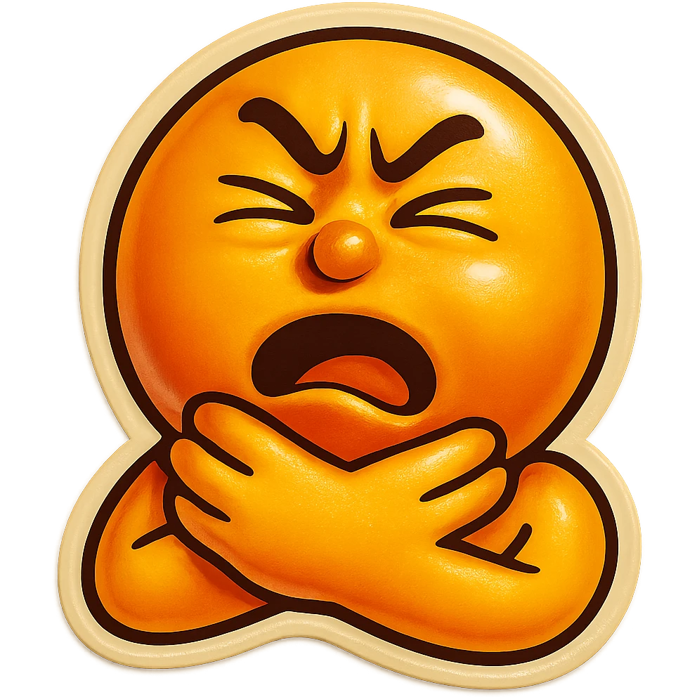 Make the emoji smile while choking itself, keep the same retro stickers style, no background. emoji