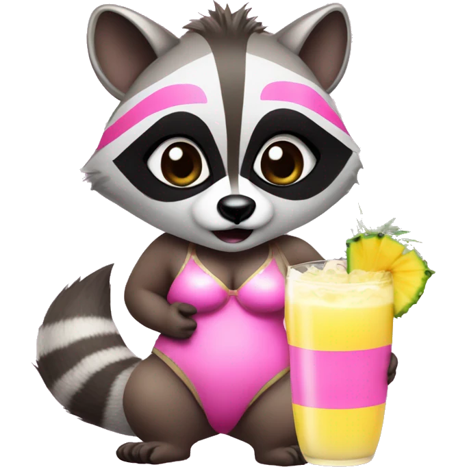 A feminine raccoon with long eyelashes, wearing a pink bikini holding a pina colada emoji
