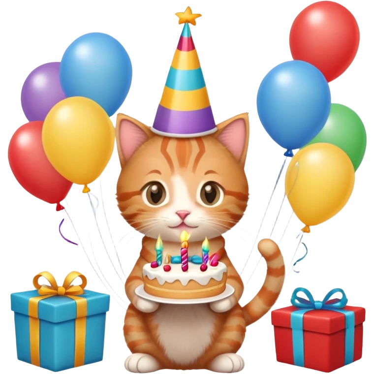 Ginger tabby kitten celebrates birthday, birthday hat, birthday cake, balloons, happy, gifts emoji
