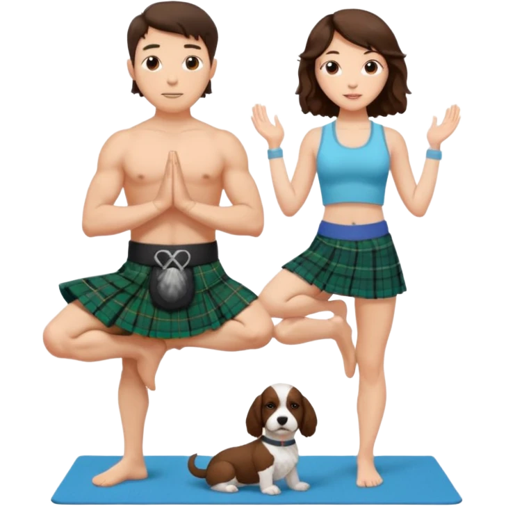 emoji of brunette man wearing kilt, brunette woman in yoga outfit and white cockapoo emoji