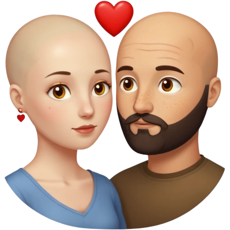 Couple. Bald man with dark brown-black beard. Woman with many small, faded, round, small freckles, white skin and she has auburn-yellow-brown dark hair. She has light yellow-brown eyes. He have hazel eyes. They look at each other. Many small red hearts around them. emoji
