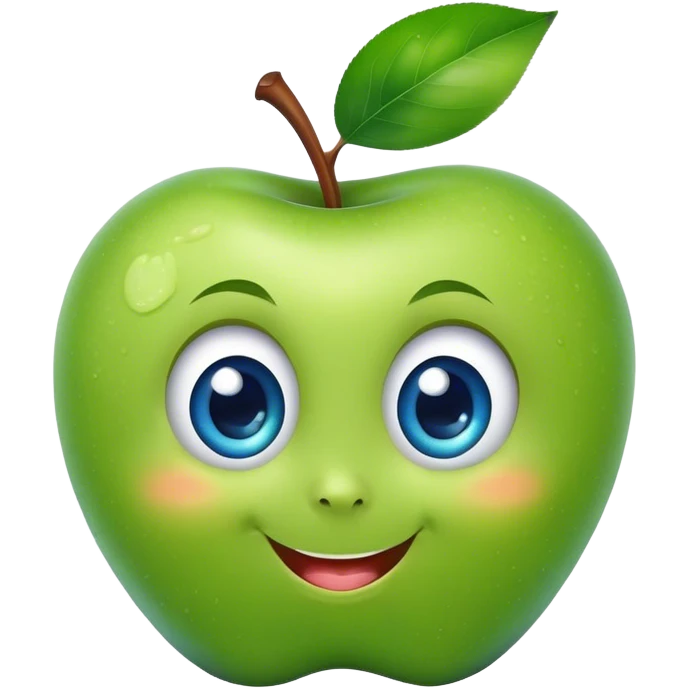 A cute green apple with a big smile and blue expressive big eyes emoji