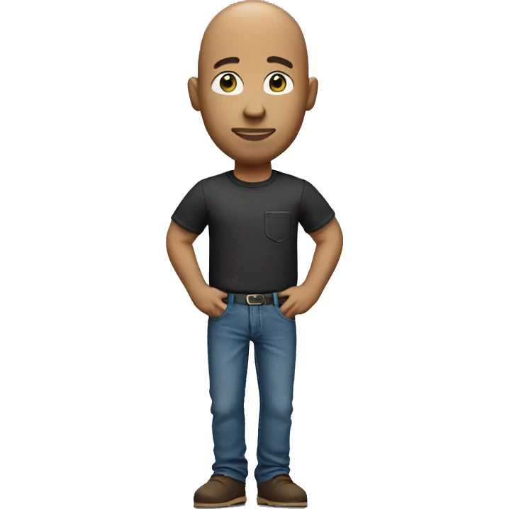 Standing bald man with a wine t-shirt with a pocket, jeans pants emoji