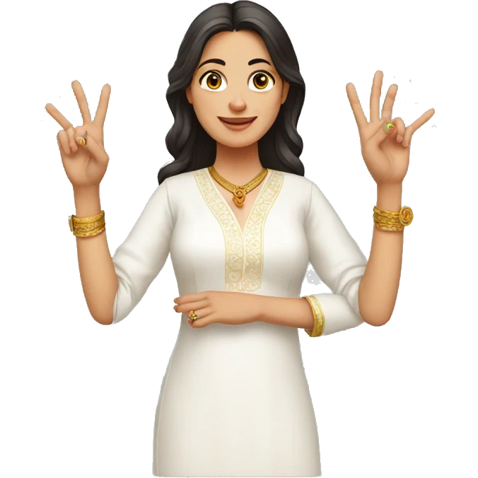 A lady with white kurti showing three fingers in one hand emoji