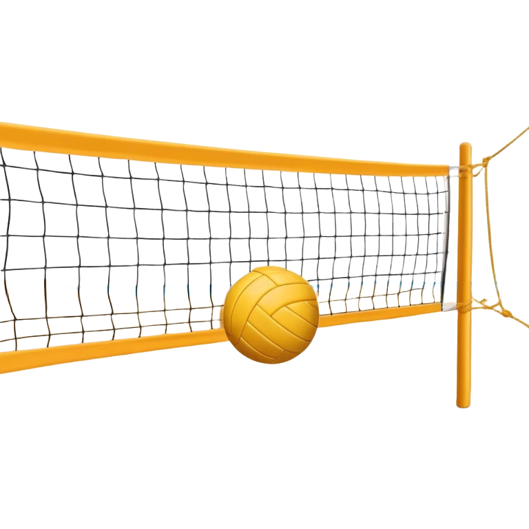 A close-up volleyball net with a ball hovering above it, set against the backdrop of a sandy volleyball court. The scene highlights the tension of an impending play, with the court lines clearly visible and a bright, sunny atmosphere surrounding the action. emoji