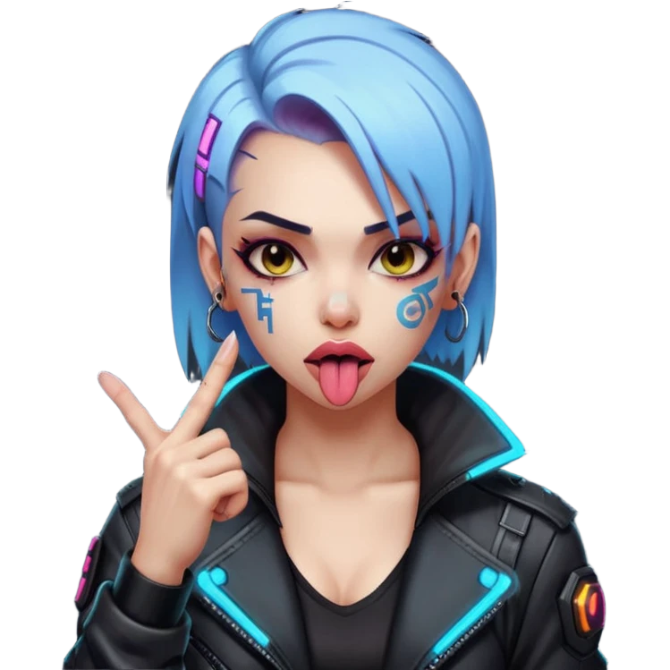 Woman with her tongue out in cyberpunk clothing and giving the middle finger. Looking naughty. emoji