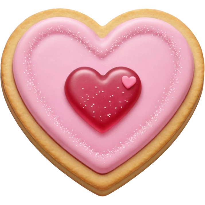 Realistic shortbread cookie in the shape of a heart with pale pink jelly middle filling and sprinkled powder sugar on top. emoji