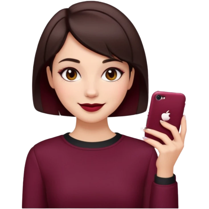 brunette girl, short hair, burgundy clothes, trendy heavy makeup, smiling emoji