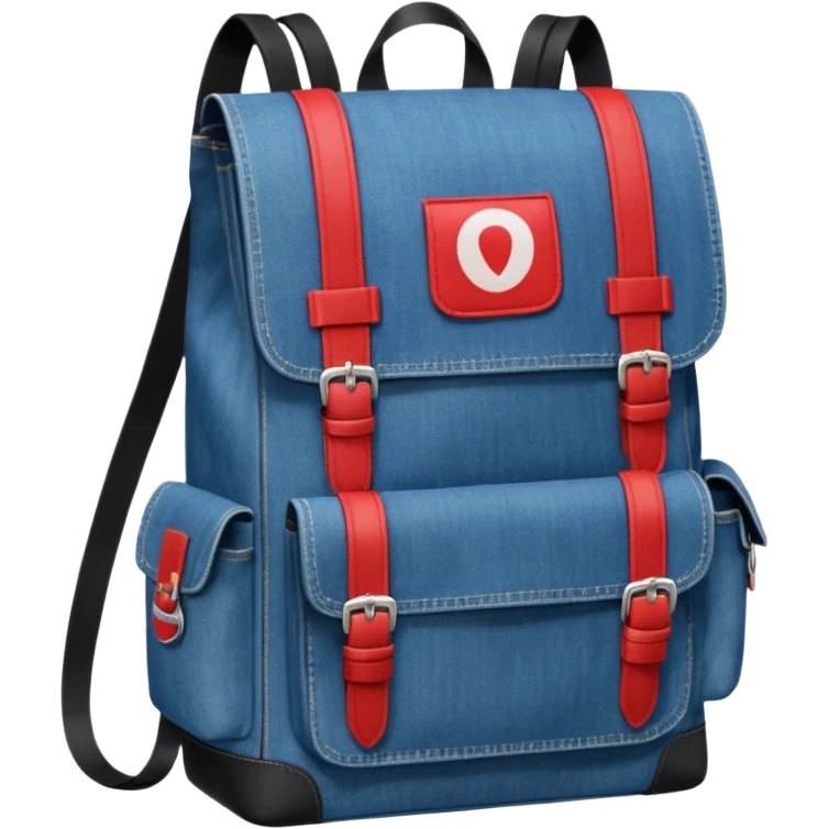 a blue denim backpack with a flap top, two vertical black buckle straps on the front. The backpack has two side pockets and a soft square shape. at front pocket bottom side, red and white two divided logo 

 emoji