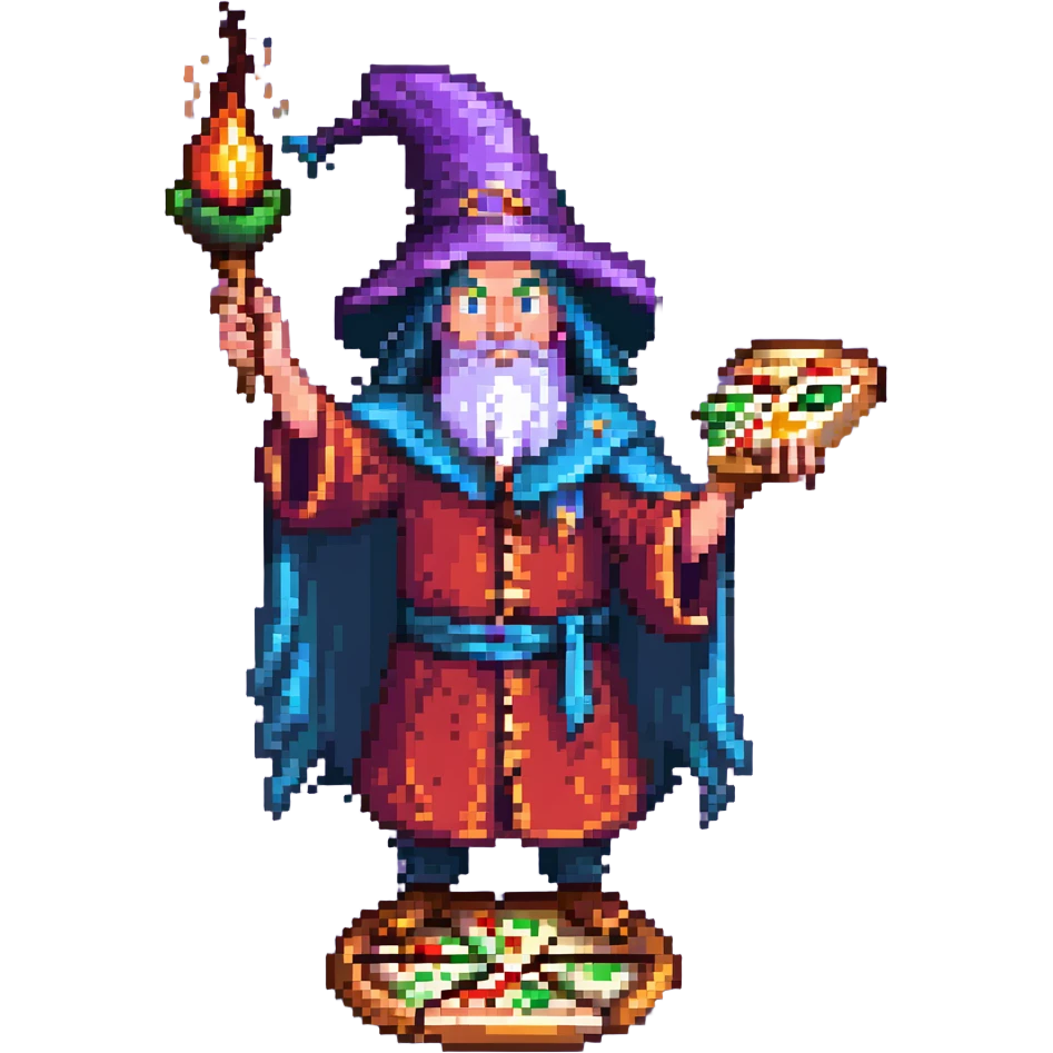 A wizard casting a spell over a pizza, vibrant colors, detailed and expressive. emoji