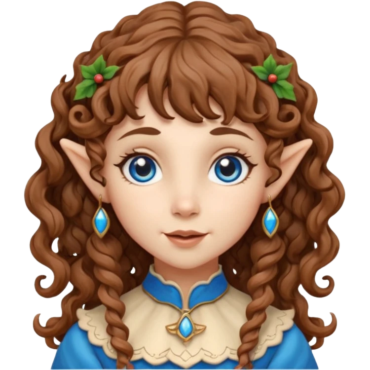 Kind Girl toymaker wood carving elf. Blue eyes. brown (just below chin length) wavy curly hair & bangs. Whimsical playful  emoji