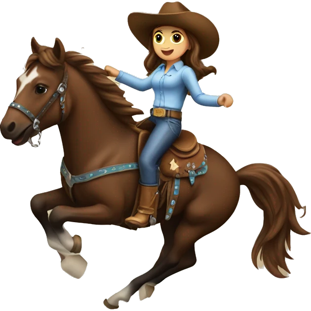 Cowgirl with brown hair on a bucking bronco emoji