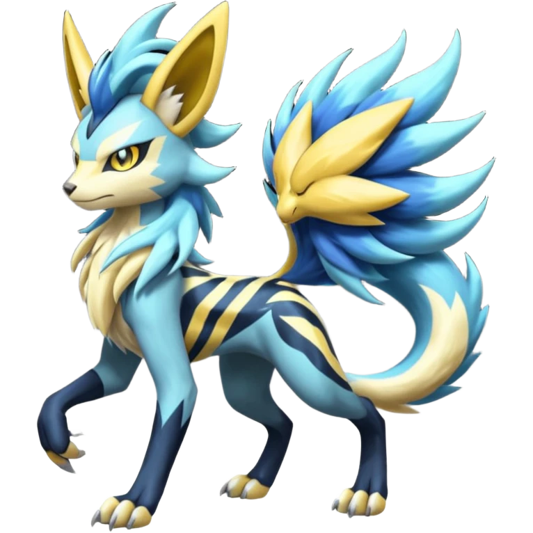Feral Scaly Striking Slaying Badass Evil Handsome Lightning-patterned Zig-zagged buzzy fuzzy Meloetta-Renamon-Zeraora-Luxray-Cobalion-Suicune-Vernid-fusion-hybrid-creature, full body  emoji