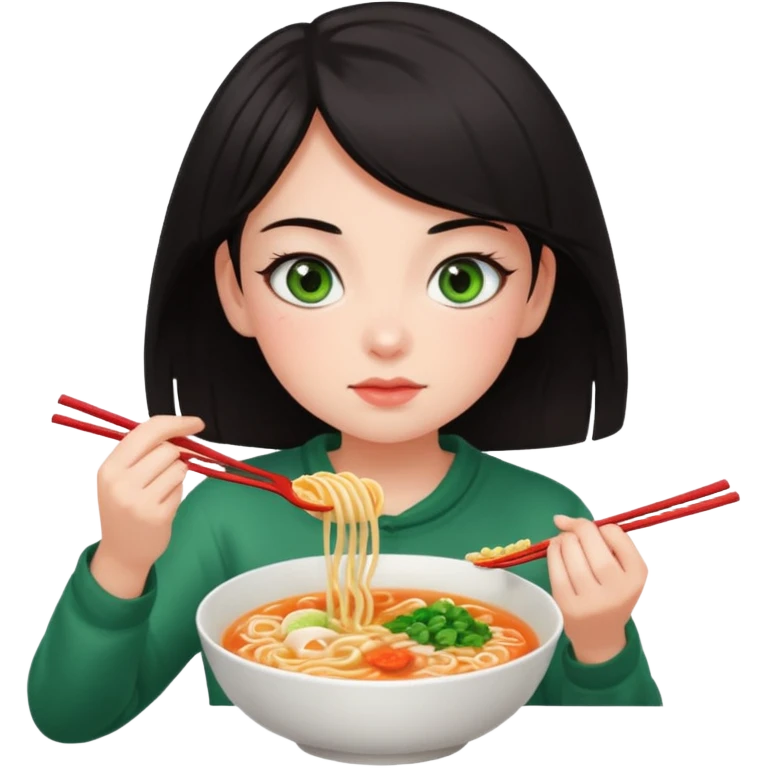 a dark-haired girl with green eyes is eating ramen emoji
