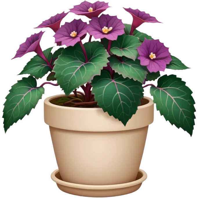 Begonia Rex with dark green leaves, purple edges, white spots in the middle, and prominent spiral centers where leaves grow from, in a beige pot emoji