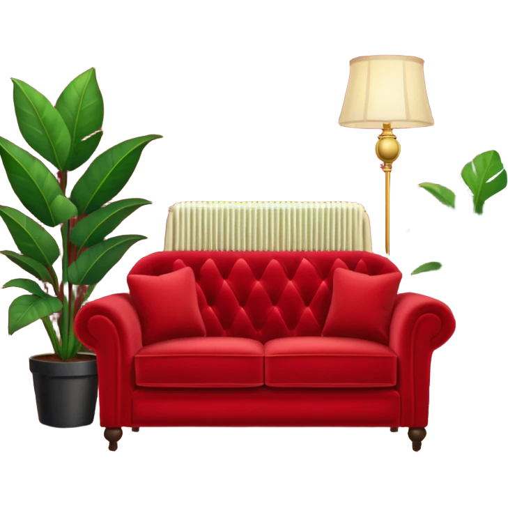 red velvet luxury loveseat with a mic in front, houseplant in back, and floor lamp in back; cozy living room vibes emoji