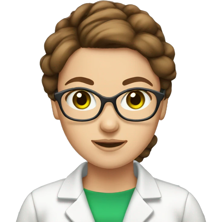 Female scientist with brown hair in a bun and green eyes NO glasses emoji
