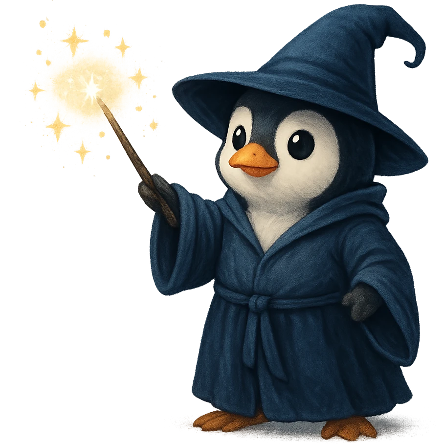 penguin wizard casting a spell with sparkles, wearing a robe emoji