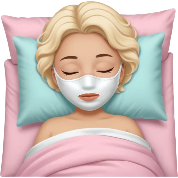 Girl sleeping peacefully with a white beauty face mask on, self care routine. baby pink bedding  emoji